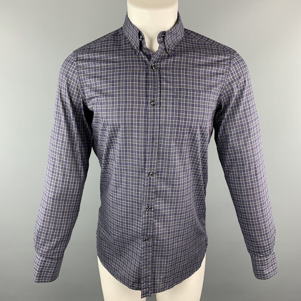 YVES SAINT LAURENT Grey Navy Plaid Cotton Button Down Patch Pocket Shirt